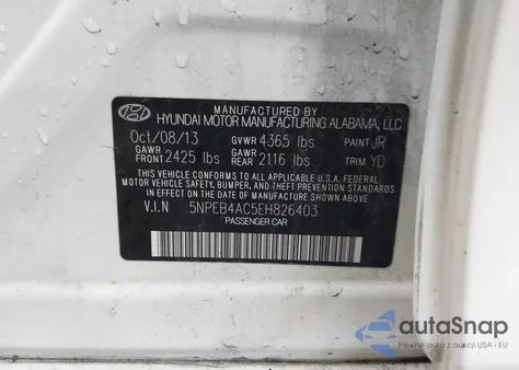 2014 Hyundai Sonata Gls z USA, uszkodzony, nr VIN 5NPEB4AC5EH826403